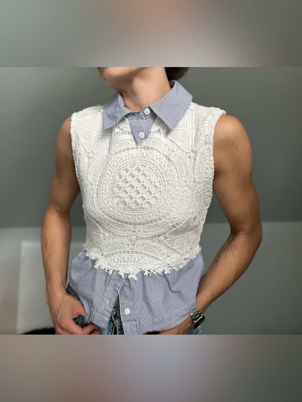 White Crochet Lace Sleeveless Top with Blue Striped Shirt Hem XS